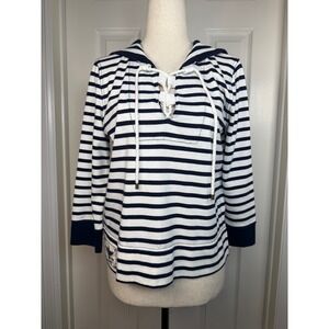 Lauren Ralph Lauren Petite Navy White Striped Sailor Collar Lace Up Top P/M
